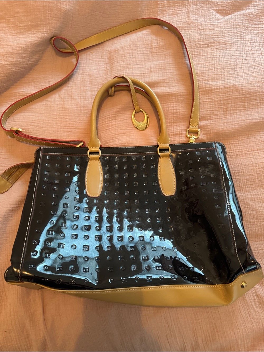 Arcadia Black Patent Tote with Tan Trim